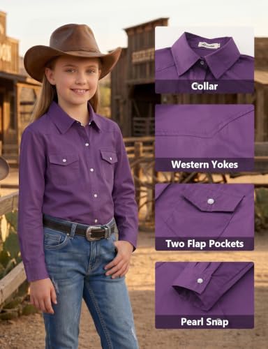 Image of Noomelfish Girls Long Sleeve Western Pearl Snap Button Down Shirt Cowgirl Outfits Blouse Tops (5-14 Years)