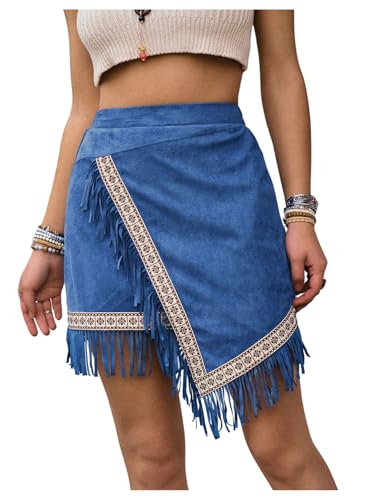 SweatyRocks Women's Tassel Flared Hem Skirts Boho High Waist Asymmetrical Skirts2