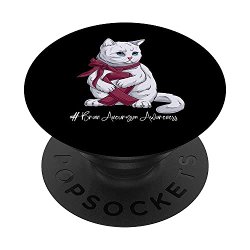 Brain Aneurysm Awareness Month Burgundy Ribbon Cat PopSockets Swappable PopGrip, Black