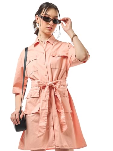 Image of Bewakoof Women's Solid Oversized Fit Half Sleeve Collared Cotton Blend Above The Knee Shirt Dress