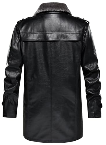 HOOD CREW Mens Leather Jacket Fashion Leather Trench Coat 3/4 Length Casual Winter Faux Fur Coat3