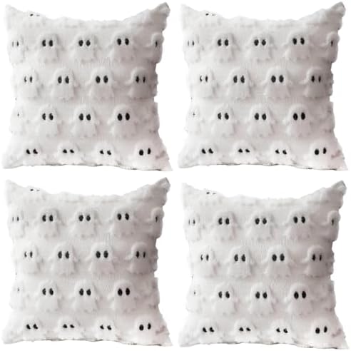 4 Pcs Halloween Throw Pillow Covers 18x18, Soft Faux Fur Pillow Cases Decorations, Fluffy Plush Accent Couch Cushion Case for Halloween Chair Sofa Bedroom Living Room Home Decor(Ghost B)