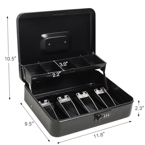 Cash Box with Money Tray and Combination Lock, Parrency Large Money Box, 5 Compartments for Cions & 4 Spring-Loaded Clips for Bills, 11 4/5" x 9 2/5" x 3 1/2", Black - Thumbnail 2
