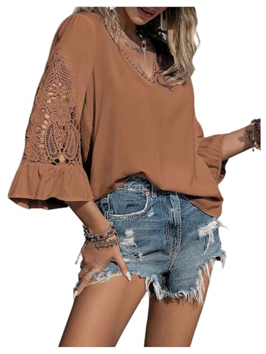 Floerns Women's Summer Hollow Out 3/4 Length Sleeve Blouse Top V Neck Western Shirts