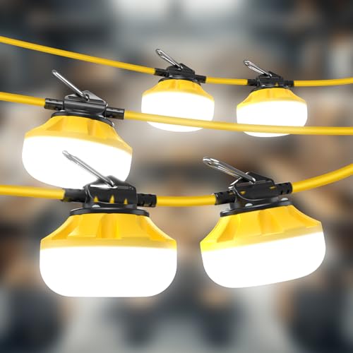 Ipackorin LED Construction String Lights: 50FT IP65 Waterproof ETL Certified Crawl Space Lights - 5000lm 18AWG Wire Linkable Temporary Construction Lighting for attic Lights with 5 Bulbs & Hooks