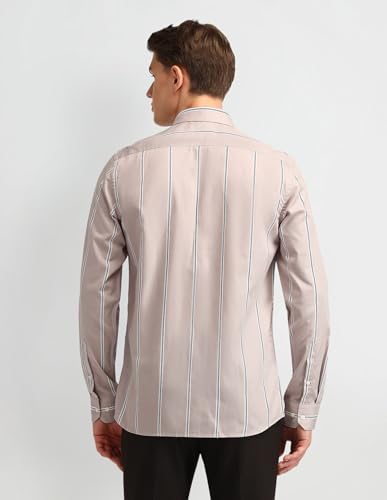 Image of Arrow Men's Striped Full Sleeves Slim Fit Semi-Cutaway Collar Cotton Formal Shirt Light Brown