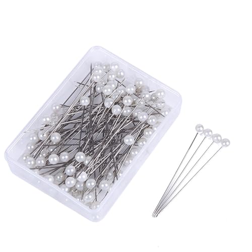 JZK Lot de 100 épingles à tête ronde en perles blanches avec boîte en plastique pour loisirs créatifs, fabrication de bijoux, couture, décorations...