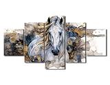 Wall Art Horse Canvas Pictures Watercolor Painting Prints Modern Blue Gold Abstract Artistic Textured Background Animal Vintage Canvas Artwork Rustic Contemporary Wall Art Framed 5Pcs (60' Wx32 H)
