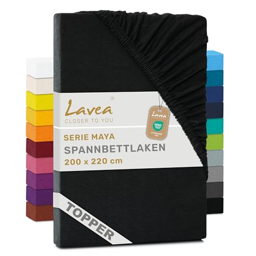 Lavea® Topper Spannbettlaken 200x220 cm Maya Jersey, Bettlaken aus 100% Baumwolle, Bettbezug mit Rundumgummi, Matratzen bis 10 cm, atmungsaktiv und formstabil, Spannbettücher, Schwarz