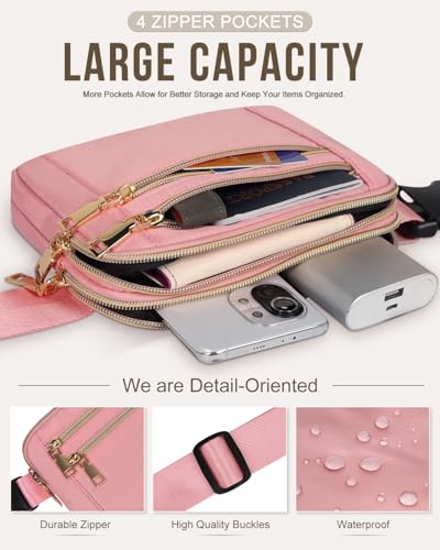 Image of Fanny Packs for Women 4 Zip Pocket Crossbody Belt Bag Waist Bags | Waterproof, Fashion Waist Pack, Crossbody Bags for Women, with Adjustable Strap, for Workout,Running,Traveling(Pink,L)