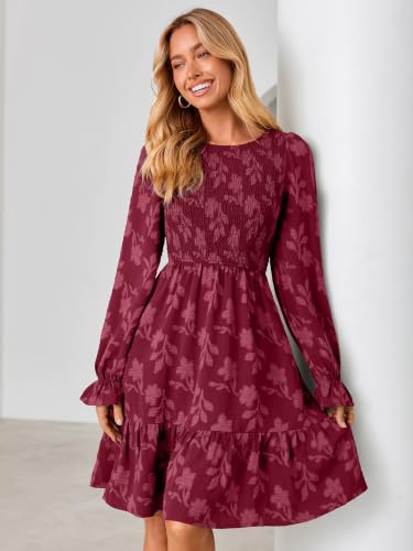 Simplee Womens Fall Long Sleeve Mini Dress Casual Babydoll Dresses Wine Red — view 4