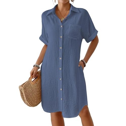 Bsubseach Womens Swimsuit Coverup Long Button Down Bathing Suit Cover Ups Short Sleeve Summer Beach Shirt Dress with Pockets Airy Blue Medium