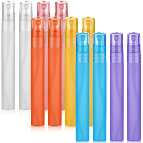 12 Pieces 10 ml/ 0.34 oz Frosted Mist Spray Bottles Colorful Frosted Plastic Tube Empty Refillable Perfume Bottles Portable Travel Spray Bottle Container with Atomizer Pumps for Perfume Fragrance