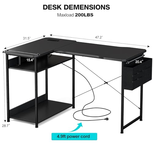 Image of Acrolix L Shaped Gaming Desk 48 Inch - Computer Corner Desk with Power Outlets, Reversible Shelves & Storage Bag for Home Office, PC Gaming Table, Black Carbon