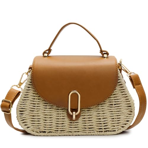Lifenanny Small Women Straw Bag Retro Rattan Woven Satchel with Flap Crossbody Shoulder Purse for Summer Beach Vacation, Beige