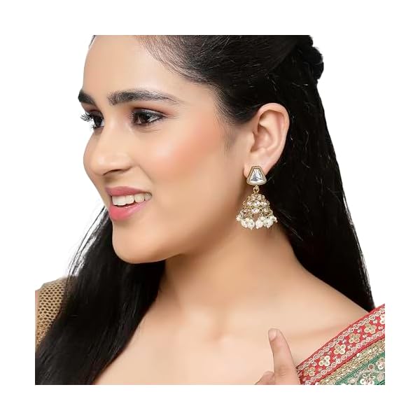 ZENEME Gold-Plated Kundan & Pearls Studded Dome Shaped Mirror Jhumka Earrings For Girls and Women - Image 4