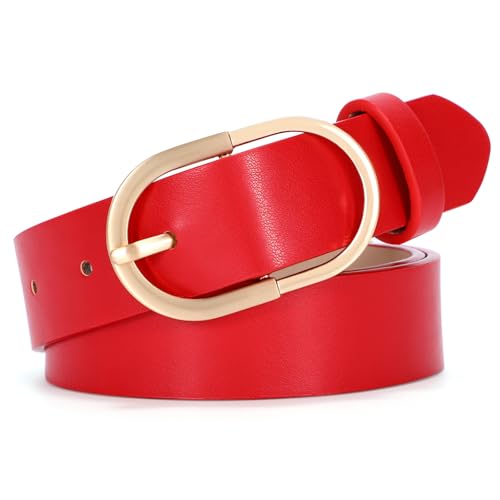 SANSTHS Women Faux Leather Chic Belts for Jeans Pants Fashion Ladies Belt Solid Color with Gold Curved Pin Buckle