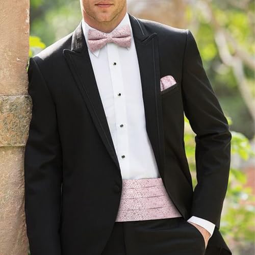 Image of Barry.Wang Men Silk Paisley Cummerbund and Pre-tied Bowtie Handkerchief Cufflink Set for Tuxedo