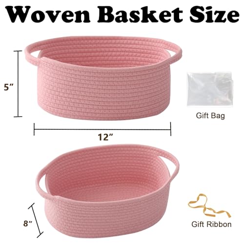 Image of Pink Woven Rope Basket - Baby Gift Basket with Bag & Ribbon