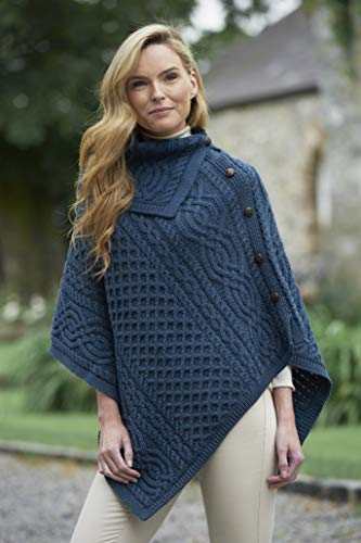 Aran Crafts Women's Cable Knit Buttoned Cowl Neck Poncho (100% Merino Wool)2