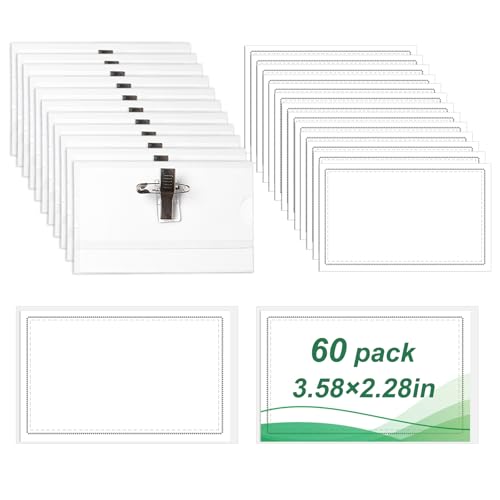 SBYURE 60 Pieces Name Tags with Pins Name Badge Holders Plastic Name Tag Holder with 60 Pcs Inserts Fit Card(3.58x2.28 inch)