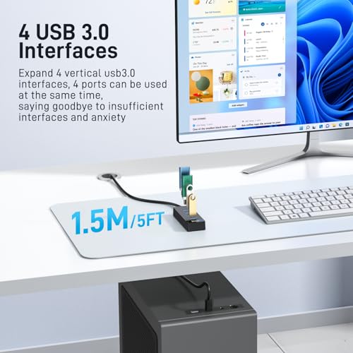 Image of 4 Port USB 3.0 Hub 5FT Long Cable, USB Extension Data Cable USB Dock Extender for Desktop PC Laptop, 5Gbps with 5V USB-C Power Supply