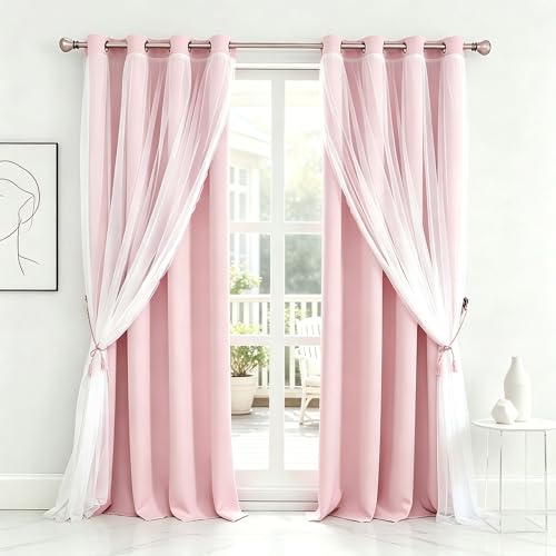 Image of Pink Blackout Curtains with Voile Sheer Drapes, Thermal Pink Window Treatments with Tie-Backs for Kids /Girls Bedroom Nursery Living Room, Elegant, 2 Panels, 52 * 63 inches
