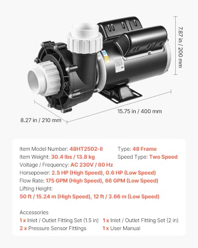 Image of VEVOR SPA Pump 2.5HP Hot Tub Pump 2 Speed 48 Frame with 1.5 inch & 2 inch Port, 230V, 175 GPM High Speed & 66 GPM Low Speed, 90 Rotational Interface, SPA Bath Water Circulation, Compatible with OEM Models