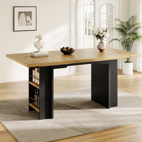 Sweiko Table à rallonge avec rangements latéraux, Meuble Table à Manger Finition Aspect Bois avec étagères intégrées, Dining Table rectangulaire pour...