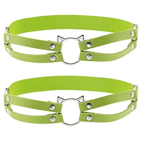 Women Girl Leather Hollow Cat Garters Punk Rock Rivet Leg Elastic Garter Leg Ring Anti-Slip Cosplay Harness 2pcs Green