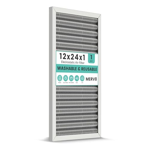 12x24x1 HVAC Furnace Air Filter, Washable Electrostatic Furnace Filter, MERV 8, Lasts a Lifetime, Breathe Fresher, Home And Office (Actual Size:11.38x23.38x0.82 Inch)