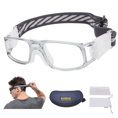 SooGree Sports Goggles Glasses -Basketball Soccer Football Sports Protective Eyewear Goggles Eye Safety Glasses Frame Removable PC Lens with Adjustable Glasses Strap (8107 gray frame white pad)