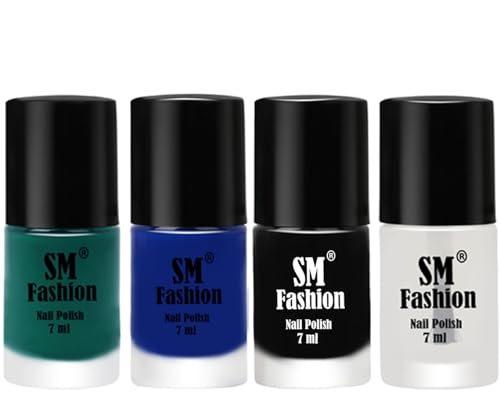 Image of Nail Polish Combo Set (Pack of 4) Quick Dry Gel Finish Nail Paint | Green,Blue,Black,Top Coat | 7 ml Each