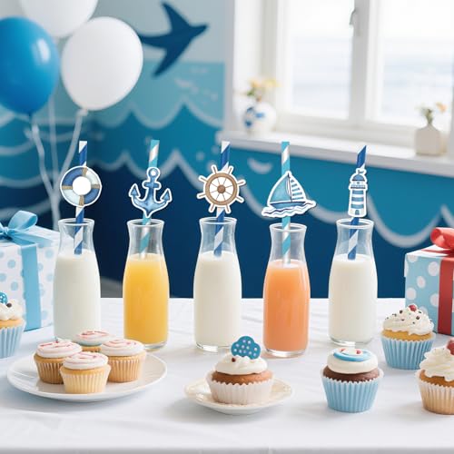 50 pitillos de papel náuticos azul marino rayados miniatura 4