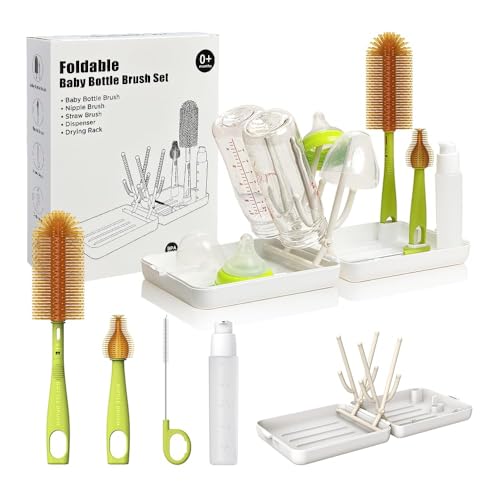 Baby Travel Essential Bottle Cleaner Kit with Silicone Bottle Brush，Built-in Drying Rack，Silicone Nipple-Shaped Brush，Straw Brush，Bottle Soap Dispenser，Bottle Warmer Bowl. (White)