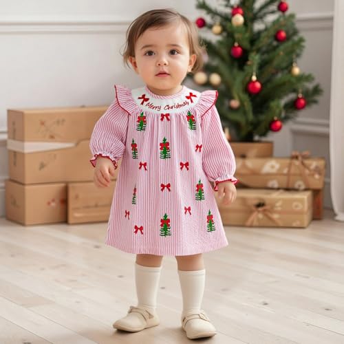 Toddler Little Baby Girl Christmas Dress Ruffle Long Sleeve Smocked Dresses Merry Christmas Outfit for Kids3
