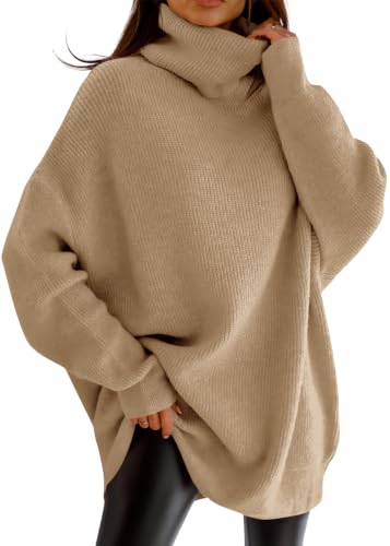 Image of Womens Turtleneck Oversized Sweater Batwing Chunky Pullover Sweater Casual Fall Loose Knit Jumper Top