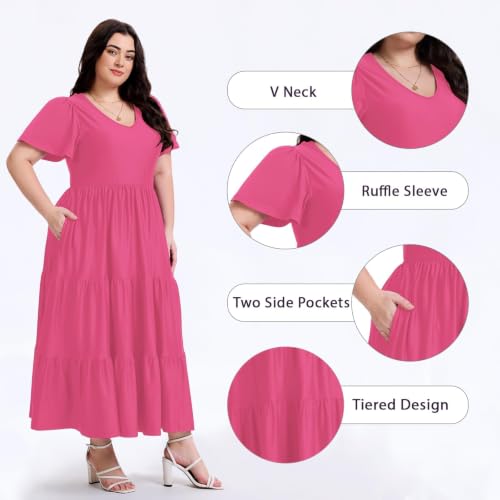 Image of Women's Plus Size Summer Dresses Floral Casual Tiered Midi Dresses V-Neck Short Sleeve Long Maxi Dress with Pockets
