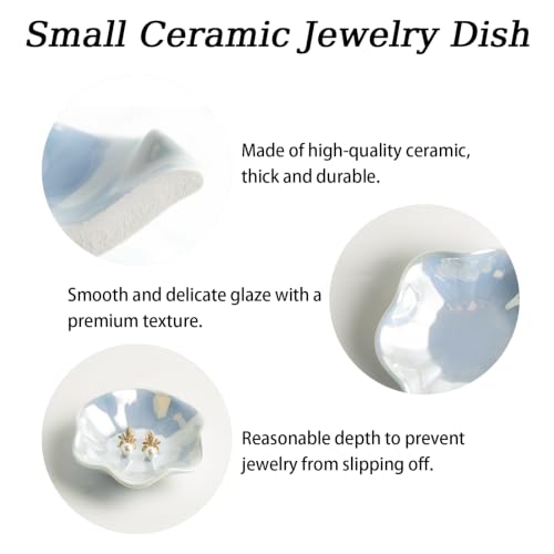 Image of Iridescent Blue Jewelry Dish Tray, Pearlescent Glaze Ring Dish, Ceramic Trinket Tray, Key Bowl, Aesthetic Nightstand Bathroom Room Decor Mothers Day Friendship Christmas Birthday Gifts for Women