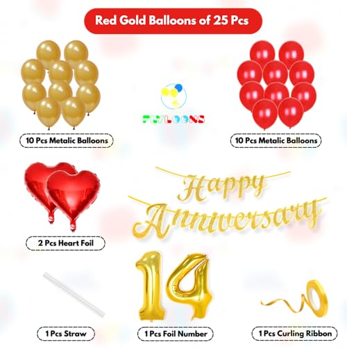 Image of Flyloons 14th Happy Anniversary Decoration Items Red Gold for Men Women Husband Wife Mom Dad Parent Couple Home Bedroom Car With 20 Pcs Metallic Balloons Anniversary Banner 2 Pcs Heart Set Kit
