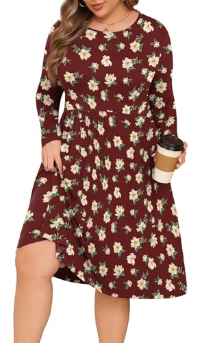 POSESHE Plus Size Casual Dresses for Curvy Women Fashion Long Sleeve Plus Size Formal Dress Gift,Red Begonia,2XL