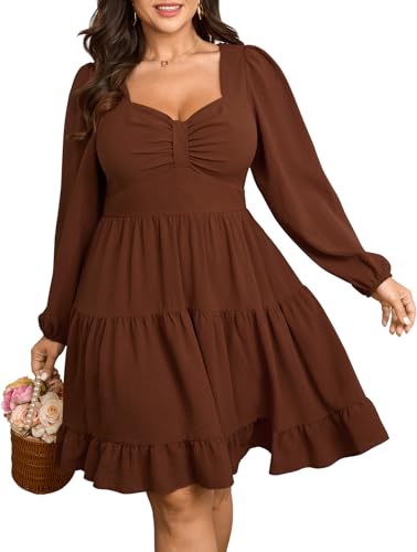 SCOMCHIC Women's Plus Size Dresses Cocktail Long Sleeve Sweetheart Neckline A Line Boho Cute Flowy...