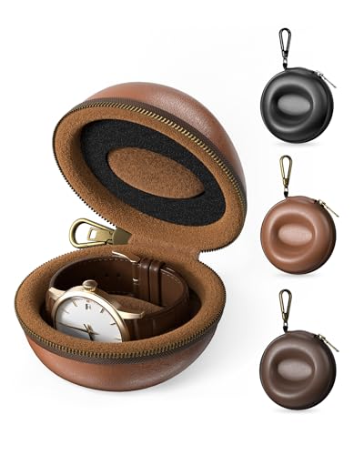 ProCase Single Watch Travel Case with Carabiner Clip Rigid EVA Hard Shell Watch Travel Box Compact Organizer Fits Luxury & Smartwatches up to 50mm for Travel Outdoor & Gym Brown