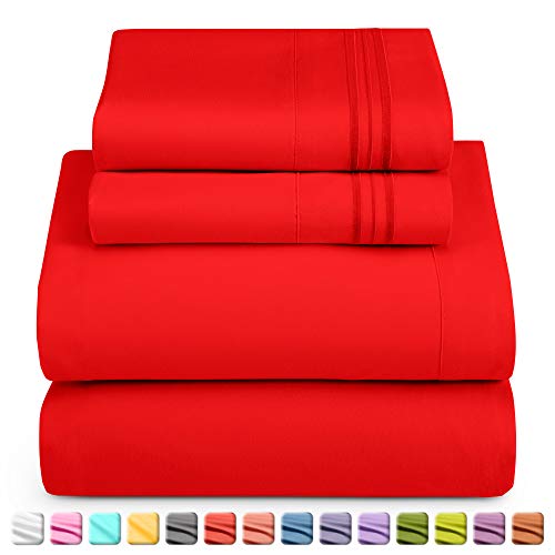 Image of Nestl King Bed Sheet Set - Red - 4-Piece Deep Pocket | Instantly Soft, Night-One Ready (No Wash Required). Fits 16-Inch Deep Pockets, 360-Degree Elastic Grip