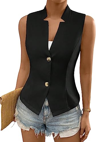 COZYEASE Women's Button Front Sleeveless Tank Top Solid Elegant Summer Blazer Outerwear