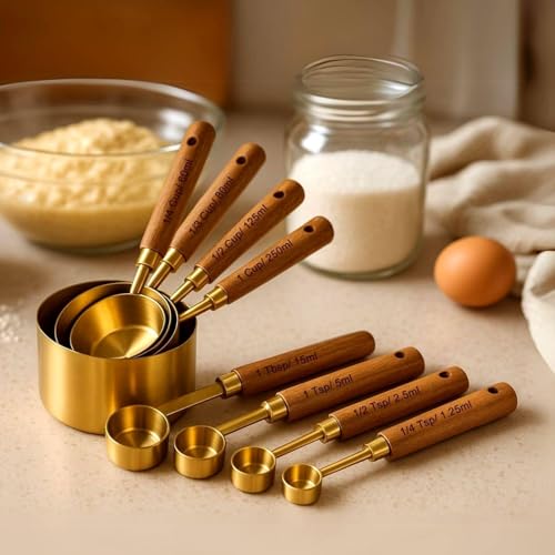 Image of Gold Stainless Steel Measuring Cups and Spoon Set | Wooden Handle Measuring Spoon Scoop Set | Measuring Cups and Spoons Set | Baking Utensils