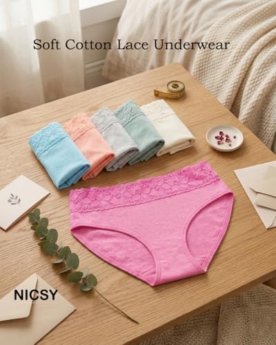 Image of NICSY Womens Underwear Cotton Bikini Panties Lace Soft Hipster Panty Ladies Stretch Full Girls Briefs (Multicolor)
