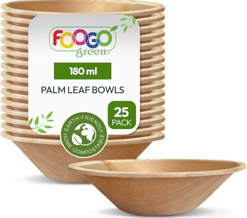 FOOGO Green 25pcs Disposable Palm Leaf Bowls 5 (12cm) Round 180ml (6oz) for Dips Sauce & Dessert Eco Friendly Biodegradable Like Wooden and Paper Bowls