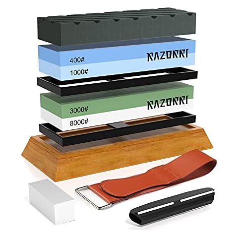 Razorri Sharpening Stones Set, Double-Sided 400/1000 and 3000/8000 Grit Grinding Stones with Leveling Stone & Flat Stone, Angle Guide, Bamboo Base, Leather Strip Cover