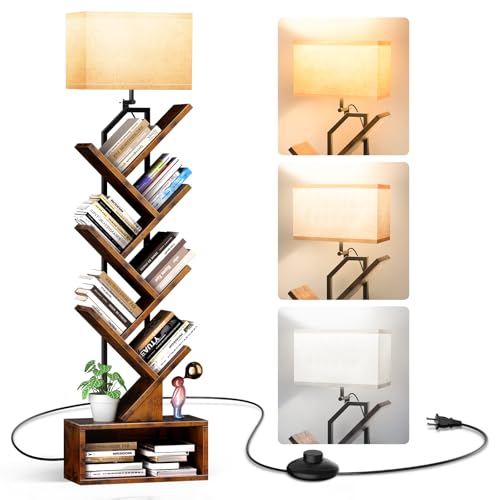 addlon 6-Tier Tree Book Shelf with LED Light, Steel&Wood Bookshelf with Storage Cabinet, Narrow Tall...